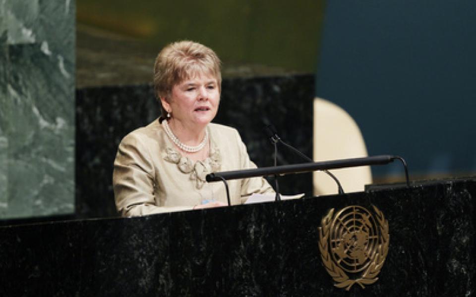 Monica speaking at the UN